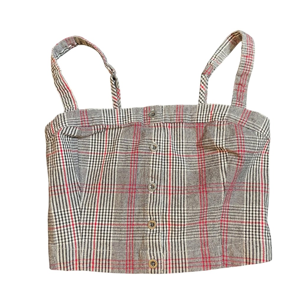 Hollister Womens XS Glen Plaid Cropped Cami Top Grey Red Smocked